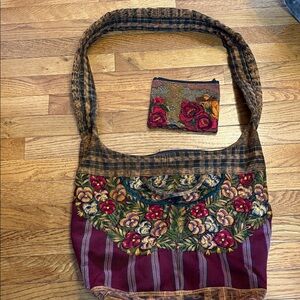 Embroidered Large Floral Tapestry Crossbody Tote in Burgundy